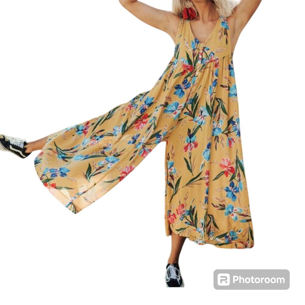 Easel Romper Womens Large Floral Tropical Jumpsuit Wide Leg Gauzy Boho Hippie